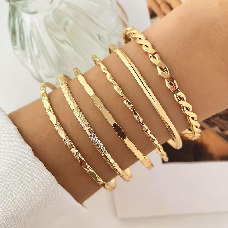 IFKM Gold Bangle Bracelets For Women, 14k Gold Plated Multi Layer Stackable Cuff Bracelet Set, Trendy Elegance Charms Non Tarnish Minimalist Textured Boho Jewelry Gift for Women - Image 3